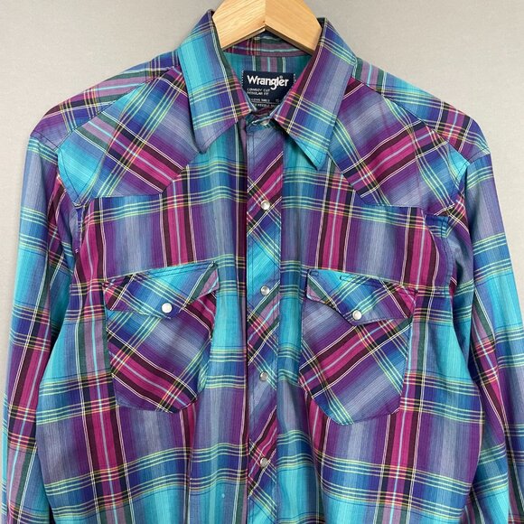 Vintage 90s Wranglers Shirt Men Sz 16-33 X-Long Tails Colorful Plaid Pearl Snaps - Picture 3 of 16
